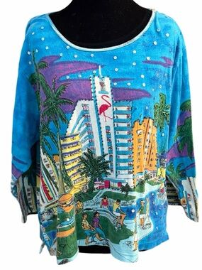 Vintage 90s Jane Ashley Miami Beach Flamingo Art Deco Sequin Top 1X